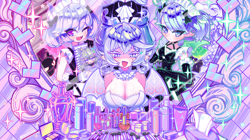 3girls, arianna_the_labrynth_servant, ariane_the_labrynth_servant, bare_shoulders, breasts, cleavage, demon_girl, demon_horns