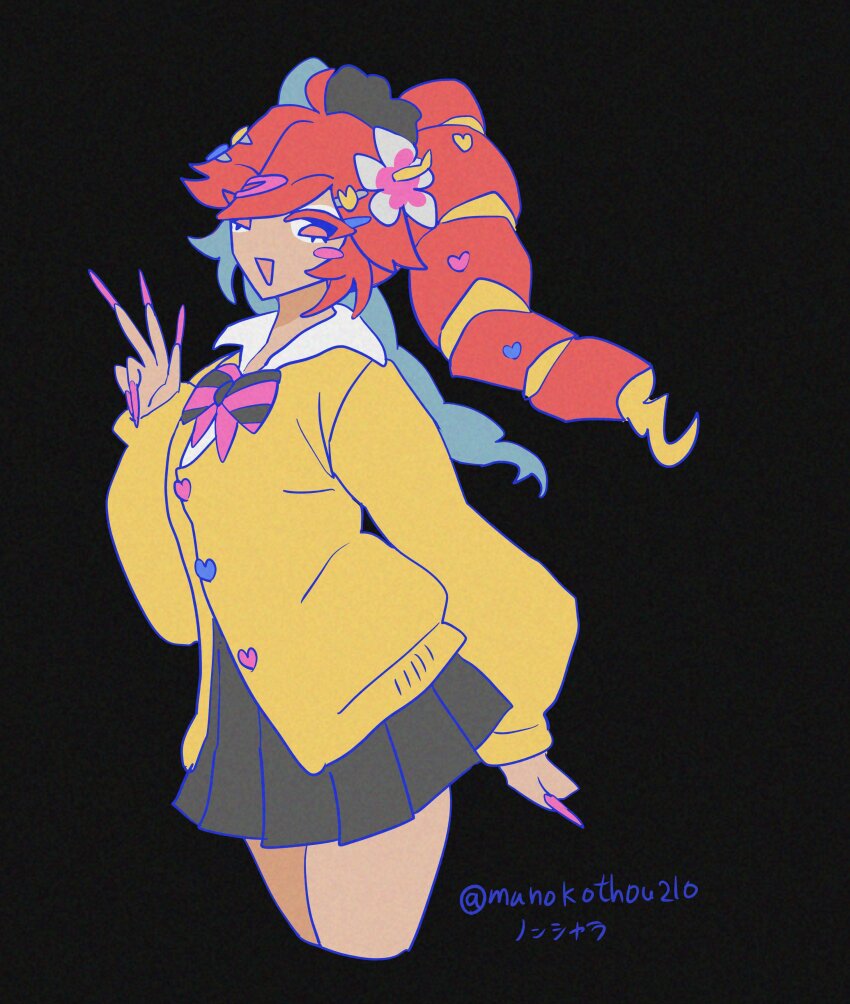 1girl, absurdres, ahoge, arm_behind_back, artist_name, black_background, black_skirt, blonde_hair