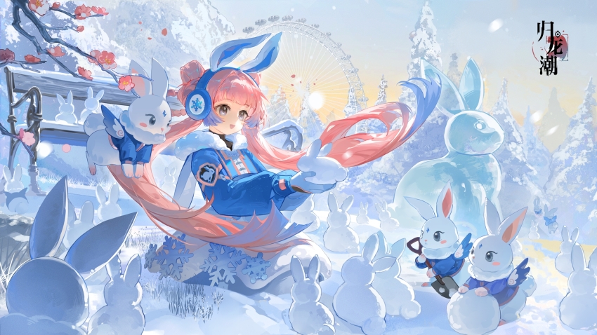 1girl, :d, animal_ears, bench, blue_jacket, blue_sky, branch, chanchan_(guilongchao), copyright_name, double_bun, earmuffs, fake_animal_ears, ferris_wheel, floating_hair, flower, fur-trimmed_jacket, fur_trim, gloves, grey_eyes, guilongchao, hair_bun, highres, holding, jacket, logo, long_sleeves, looking_at_object, low_twintails, miniskirt, official_alternate_costume, official_art, open_mouth, outdoors, pine_tree, pink_hair, plum_blossoms, puffy_long_sleeves, puffy_sleeves, rabbit, rabbit_ears, red_flower, skirt, sky, smile, snow, snow_animal, snow_rabbit, snowflake_ornament, snowing, solo, tree, twintails, upper_body, white_gloves, white_skirt, winter
