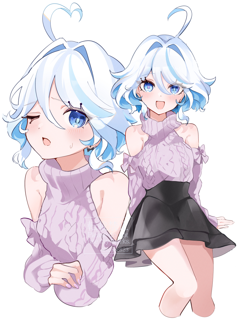 1girl, absurdres, ahoge, bare_shoulders, black_skirt, blue_eyes, blue_hair, chaena_(exmd3552)