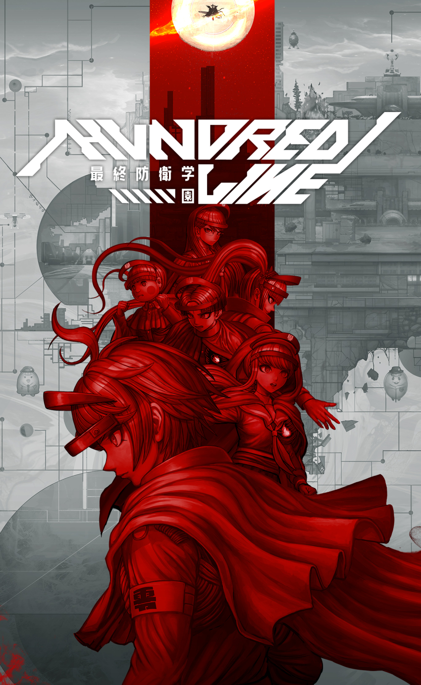 3boys, 3girls, amemiya_darumi, armband, blunt_bangs, cane, cape, copyright_name