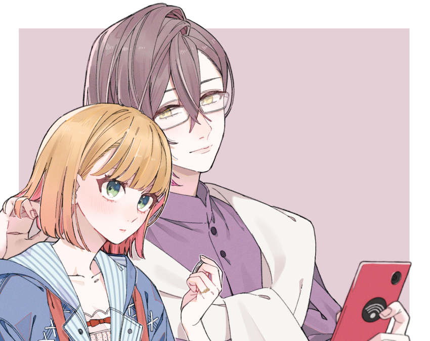 1boy, 1girl, blonde_hair, blue_eyes, blue_jacket, brown_background, brown_eyes, brown_hair