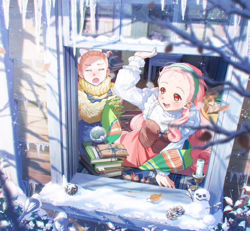 2girls, absurdres, bangs_pinned_back, bare_tree, bird, blue_overalls, blush, bokujou_monogatari