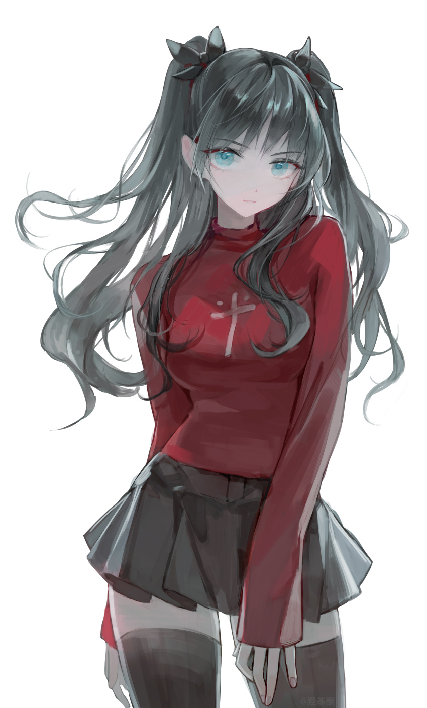 1girl, absurdres, black_hair, black_skirt, black_thighhighs, blue_eyes, breasts, closed_mouth