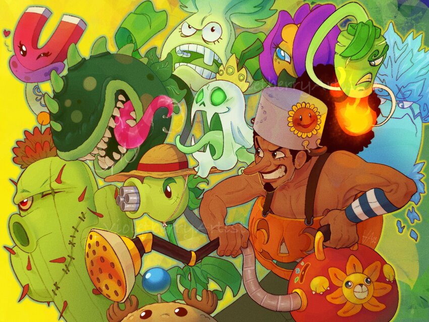 1boy, black_hair, blue_eyes, brown_eyes, cactus, character_request, cooking_pot, crossover