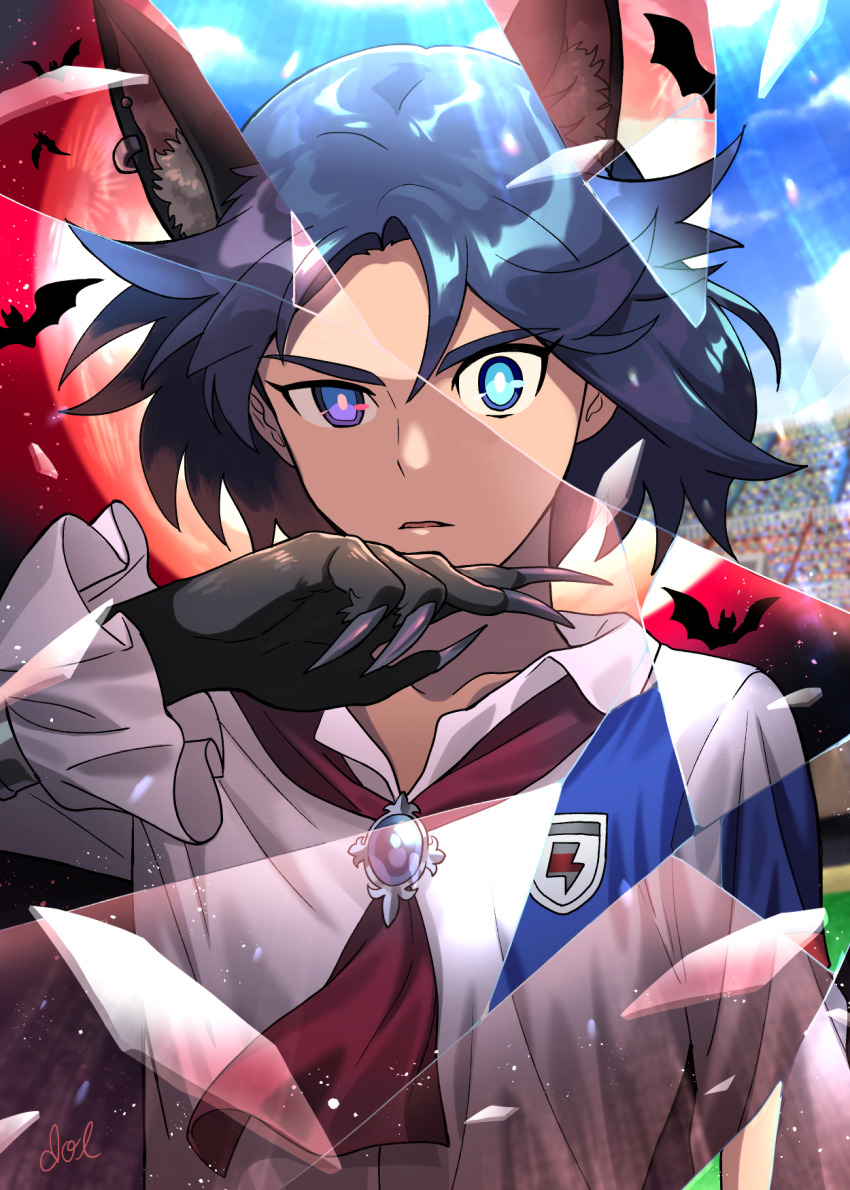 1boy, animal_ears, bat_(animal), blue_eyes, blue_gem, blue_hair, blue_sky, crowd