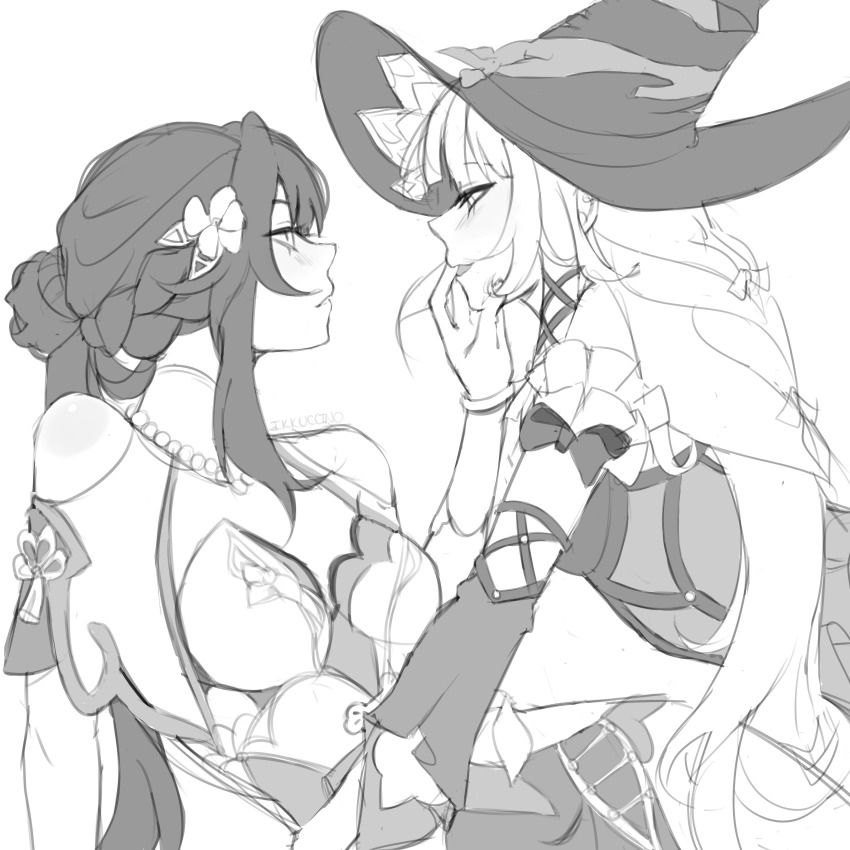 2girls, absurdres, clothing_cutout, commentary, detached_sleeves, dress, english_commentary, finger_in_another's_mouth