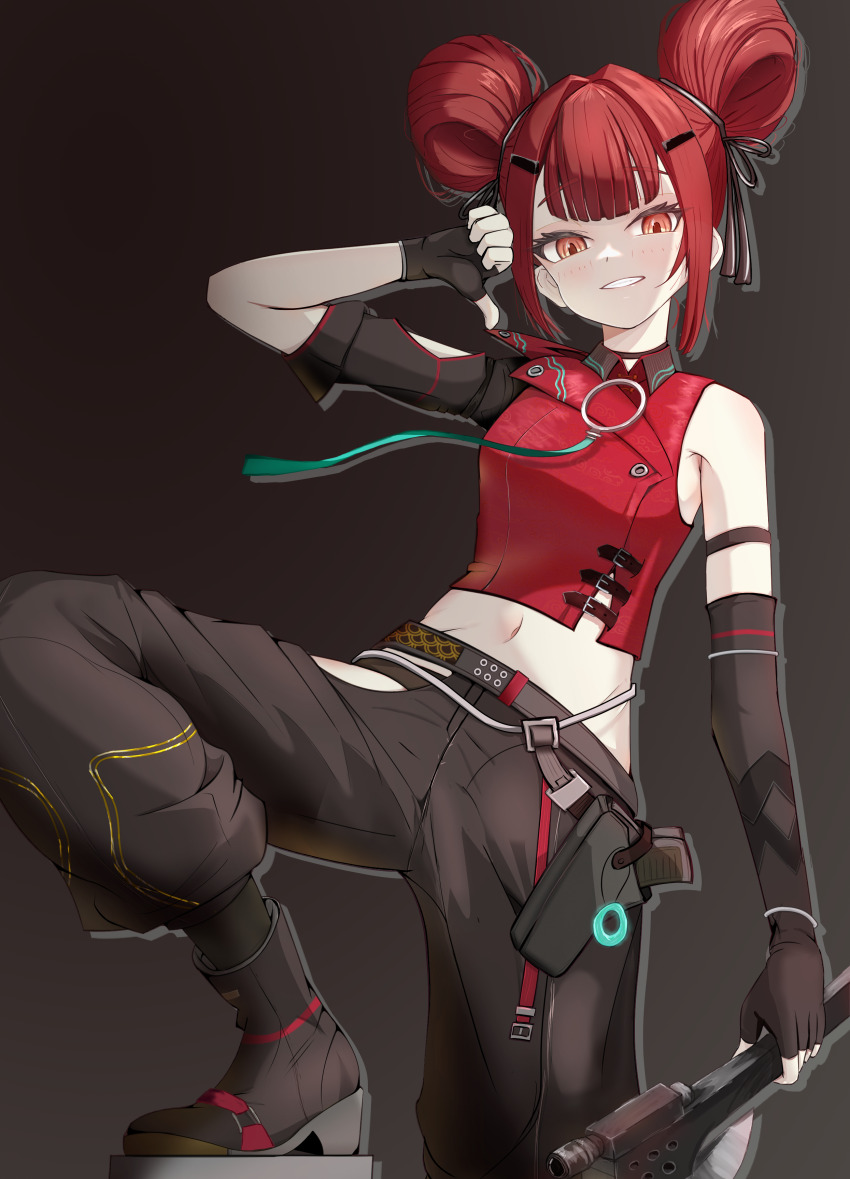 1girl, absurdres, asymmetrical_gloves, axe, black_gloves, black_pants, boots, chinese_commentary