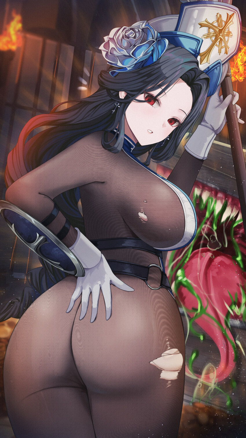 1girl, absurdres, alternate_costume, ass, ass_focus, black_hair, bodystocking, braid, breasts, come_hither, from_behind, gimyogi, gloves, goddess_of_victory:_nikke, hand_on_own_ass, hat, highres, huge_ass, large_breasts, long_hair, looking_at_viewer, maiden_(ice_rose)_(nikke), maiden_(nikke), parted_lips, red_eyes, sideboob, skin_tight, skindentation, solo, torn_clothes, very_long_hair