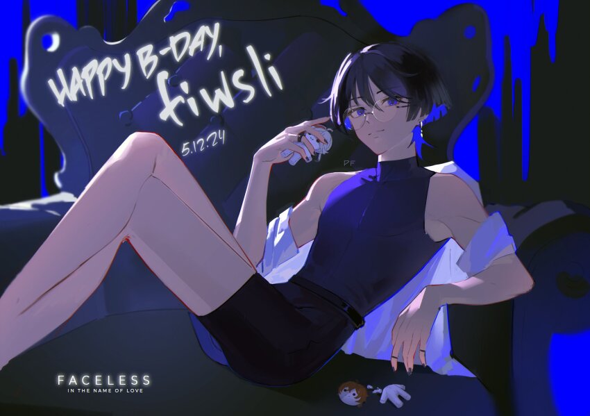 1boy, alternate_costume, bare_shoulders, bespectacled, black_hair, black_nails, black_shirt, black_shorts