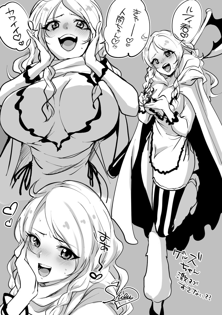 axe, blush, braid, breasts, cape, cleavage, cleavage_cutout, clothing_cutout