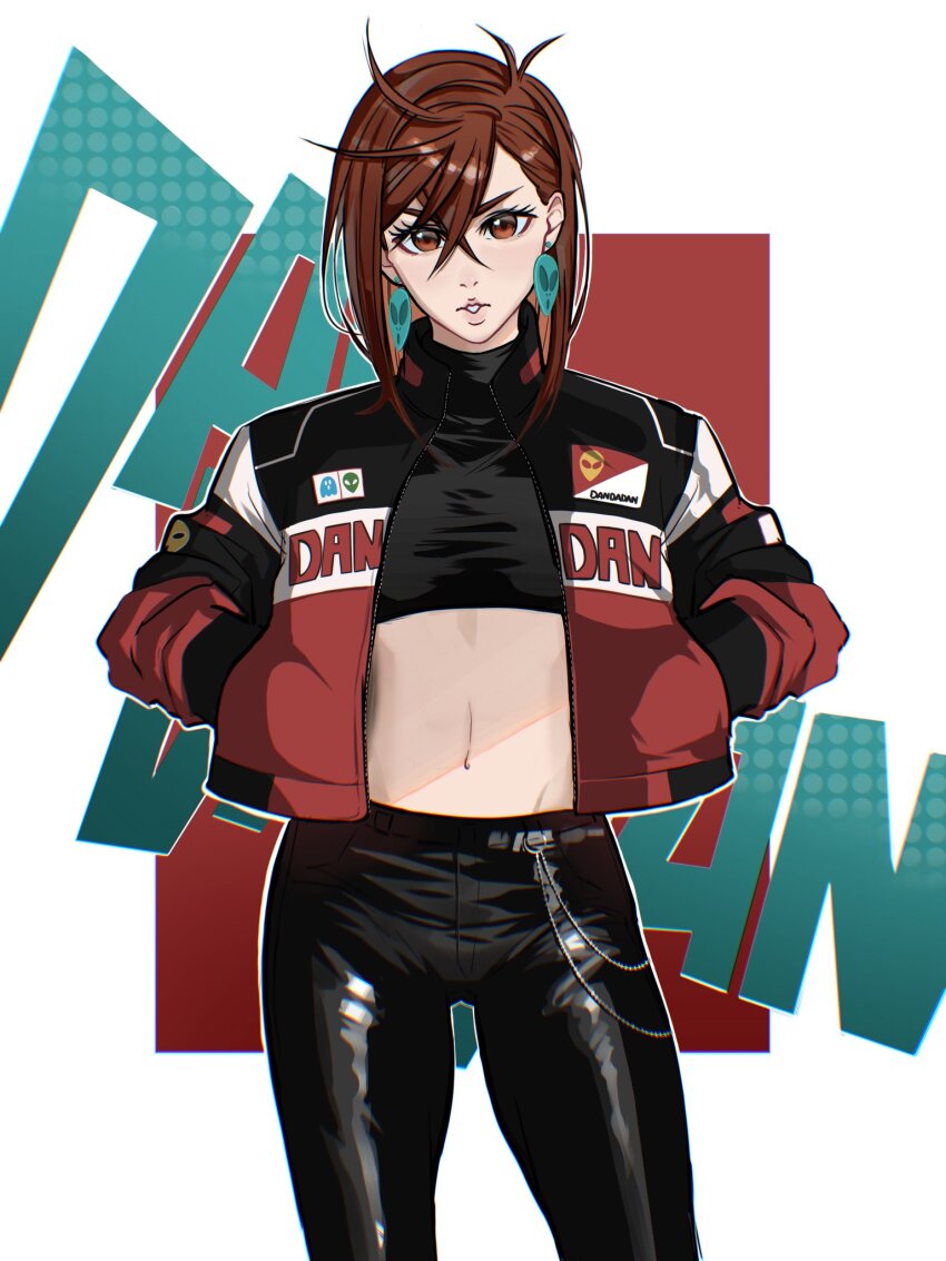 1girl, ayase_momo, black_pants, black_shirt, brown_eyes, brown_hair, copyright_name, cowboy_shot