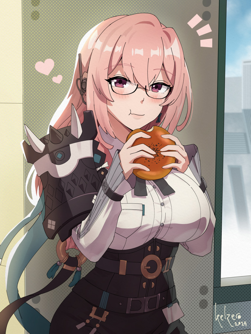 1girl, absurdres, armor, artist_name, black_skirt, blush, breasts, closed_mouth