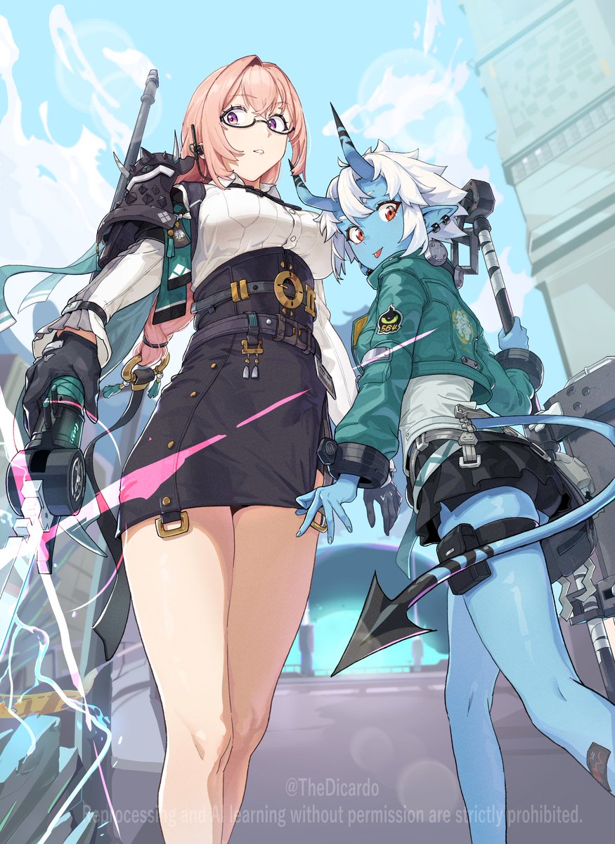 2girls, :p, armor, artist_name, black_skirt, blue_sky, breasts, cityscape