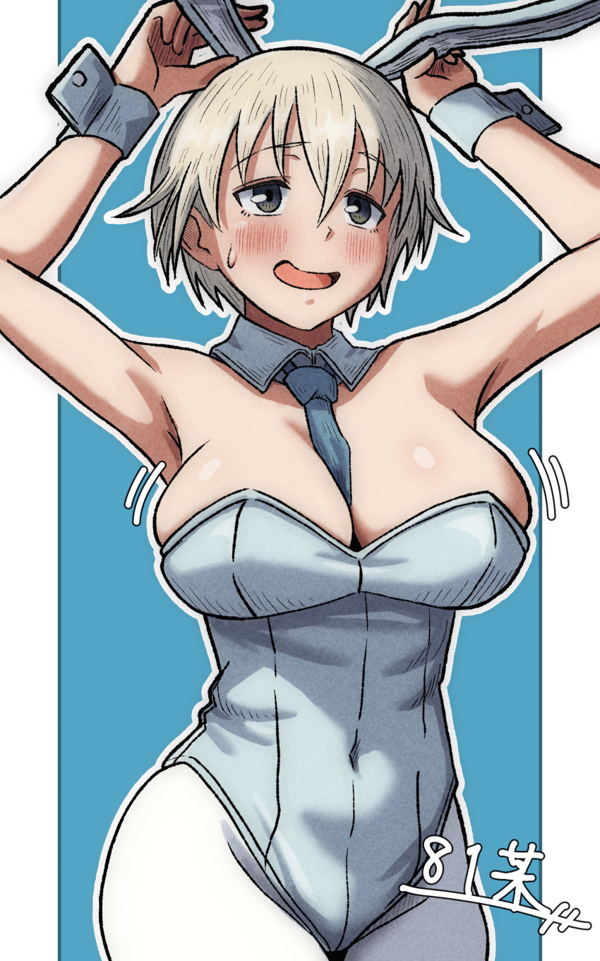 1girl, absurdres, animal_ears, blonde_hair, blue_necktie, blush, bouncing_breasts, brave_witches