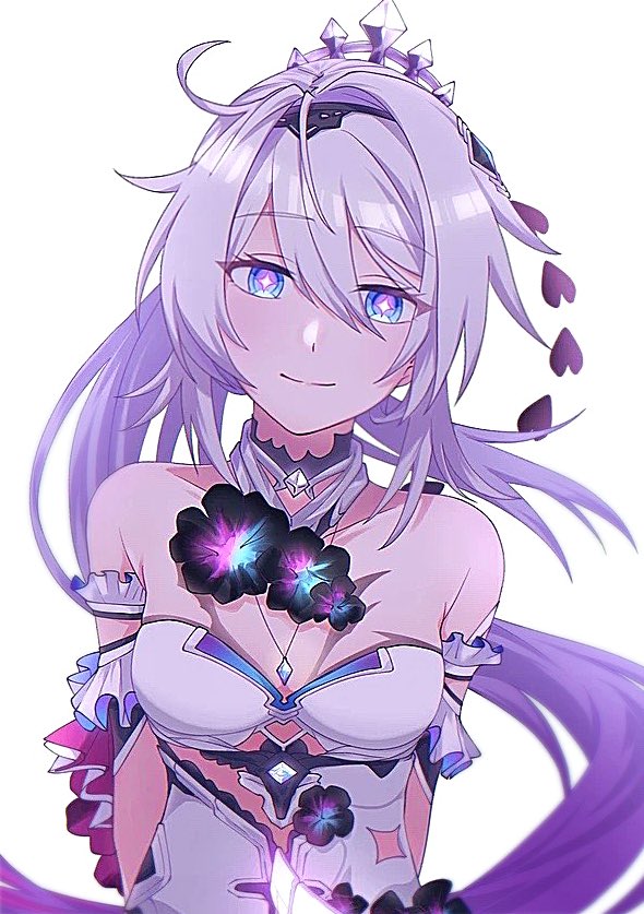 1girl, arms_behind_back, bare_shoulders, black_flower, blue_eyes, closed_mouth, diamond-shaped_pupils, diamond_(shape)