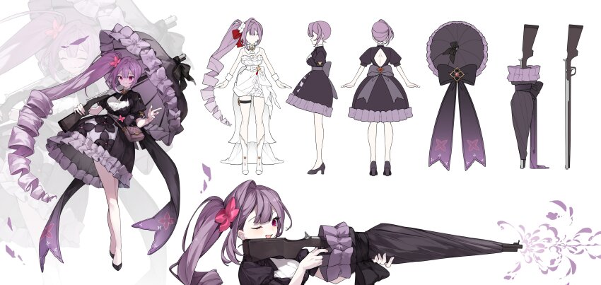 1girl, absurdres, bag, black_bow, black_dress, black_footwear, bow, carrying_over_shoulder