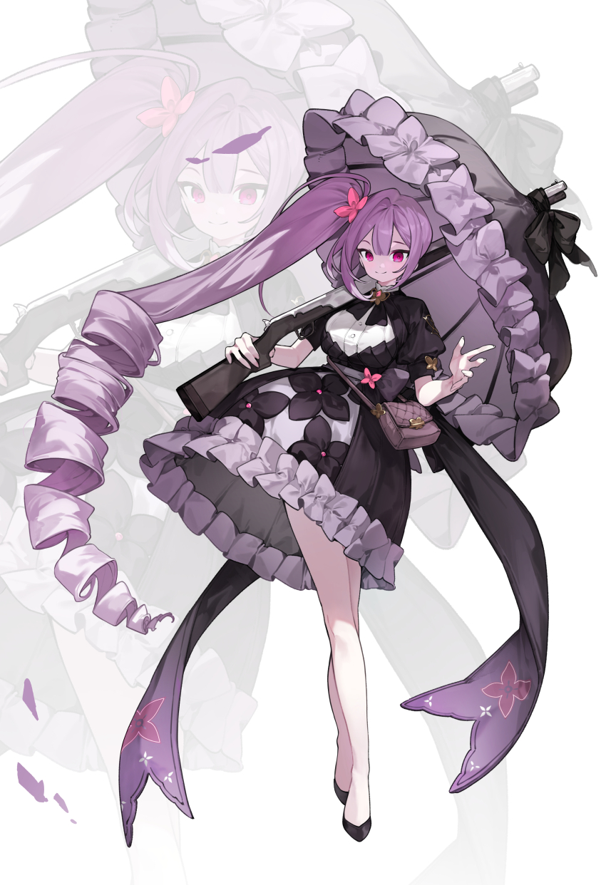 1girl, absurdres, bag, black_dress, black_footwear, carrying_over_shoulder, dress, drill_hair