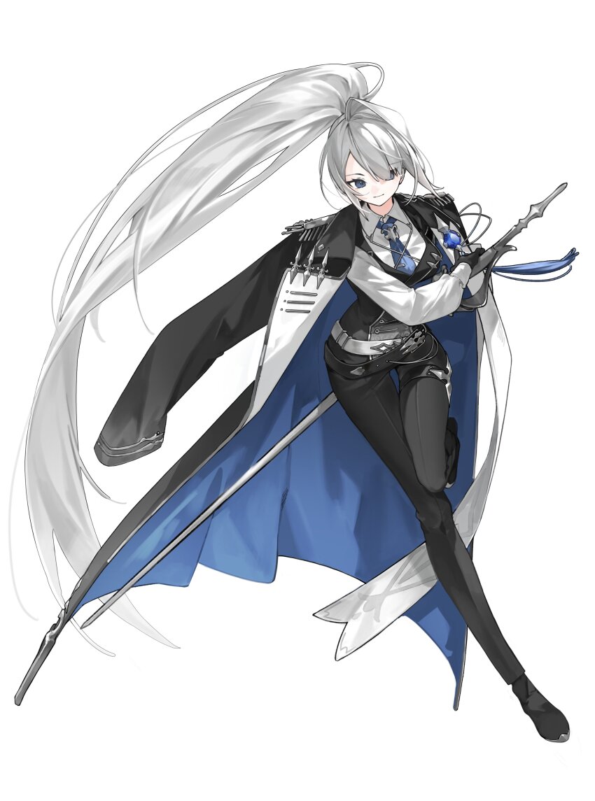 1girl, absurdres, black_coat, black_footwear, black_gloves, black_pants, blue_eyes, blue_gem, blue_necktie, closed_mouth, coat, coat_on_shoulders, commentary, full_body, gem, gloves, hair_over_one_eye, high_ponytail, highres, holding, holding_sword, holding_weapon, jyuuku, leg_up, long_hair, necktie, original, pants, ponytail, simple_background, solo, sword, thigh_gap, two-sided_coat, two-sided_fabric, very_long_hair, weapon, white_background, white_hair