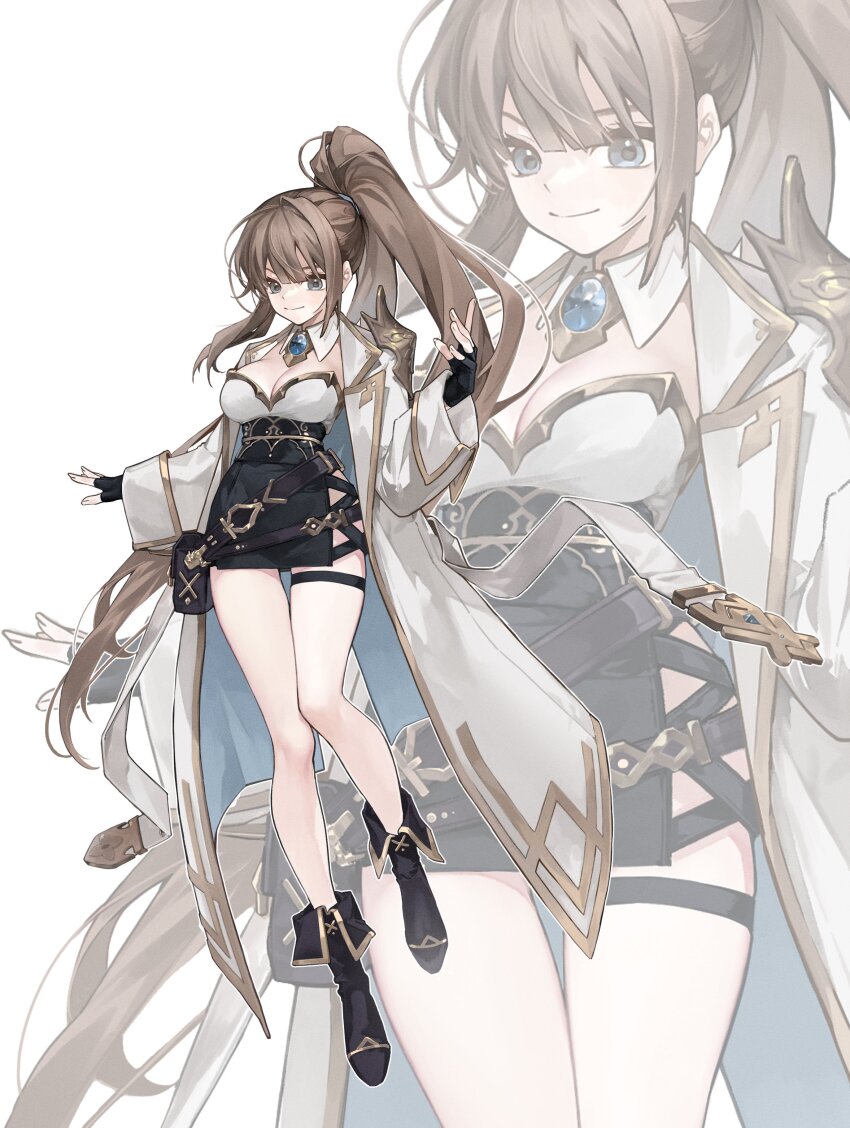 1girl, absurdres, black_footwear, black_gloves, black_skirt, breasts, brown_hair, cleavage