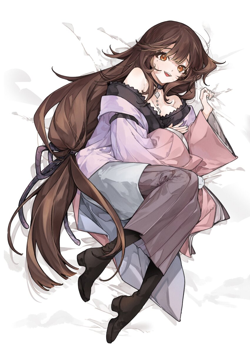 1girl, absurdres, antoneva, breasts, brown_footwear, brown_hair, cleavage, commentary_request