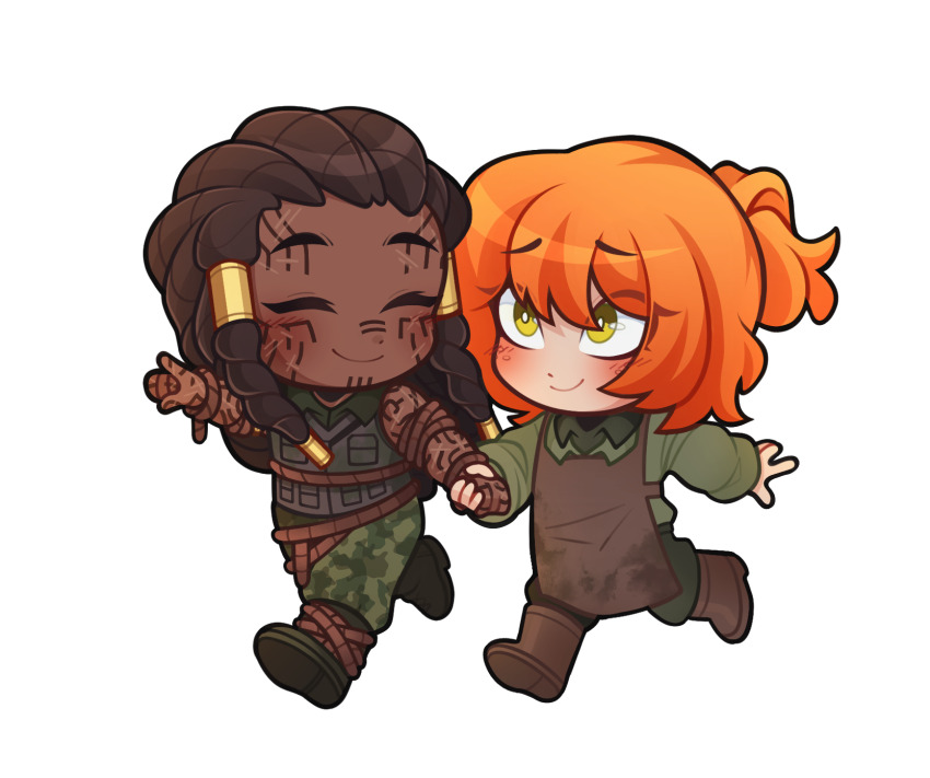 2girls, apron, arm_tattoo, black_footwear, blush, brown_apron, brown_footwear, camouflage