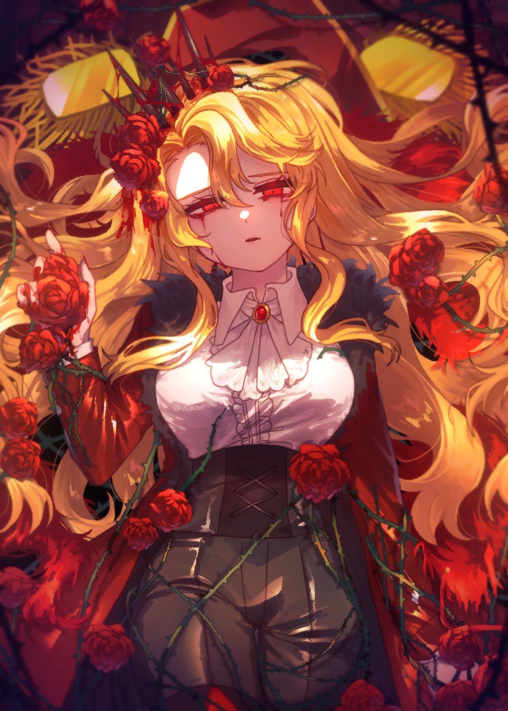 1girl, ascot, black_corset, black_crown, blonde_hair, blood, blood_in_hair, blood_on_hands