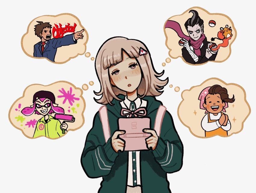1girl, 4boys, :o, ace_attorney, bandaged_arm, bandages, blush, brown_hair, commentary, cooking_mama, cosplay, danganronpa_(series), danganronpa_2:_goodbye_despair, dedenne, dress_shirt, drill_hair, english_commentary, gen_6_pokemon, green_jacket, green_shirt, hair_ornament, hairband, hanamura_teruteru, handheld_game_console, highres, hinata_hajime, holding, holding_handheld_game_console, jacket, koga_(pokemon), koga_(pokemon)_(cosplay), mama_(cooking_mama), mama_(cooking_mama)_(cosplay), meg_ikarp, multiple_boys, nanami_chiaki, neck_ribbon, nintendo, objection, open_clothes, open_jacket, phoenix_wright, phoenix_wright_(cosplay), pink_eyes, pink_hairband, poke_ball, poke_ball_(basic), pokemon, pokemon_(creature), ribbon, shirt, soda_kazuichi, speech_bubble, splatoon_(series), tanaka_gundham, thought_bubble, triangle_hair_ornament, two-tone_shirt, upper_body, white_shirt