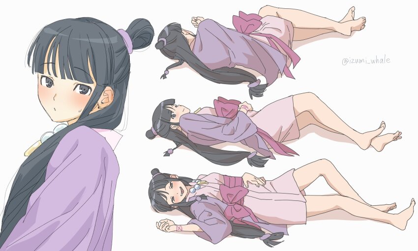 1girl, ace_attorney, barefoot, bead_necklace, beads, black_eyes, black_hair, blush