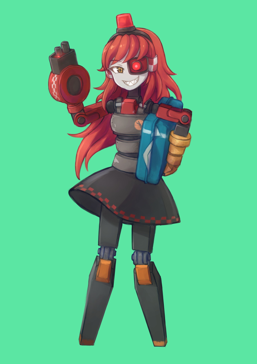 1girl, absurdres, alarm_siren, arm_cannon, black_skirt, borrowed_character, briefcase, checkered_trim, commentary, crosshair_pupils, english_commentary, full_body, green_background, grin, hand_up, heterochromia, highres, holding, holding_briefcase, joints, long_hair, looking_at_viewer, mimi-sentry_(flyingpiggles), no_feet, paper, personification, red_eyes, red_hair, robot, robot_girl, robot_joints, sharp_teeth, simple_background, skirt, smile, solo, standing, team_fortress_2, teeth, thokuma, very_long_hair, weapon, wrench, yellow_eyes
