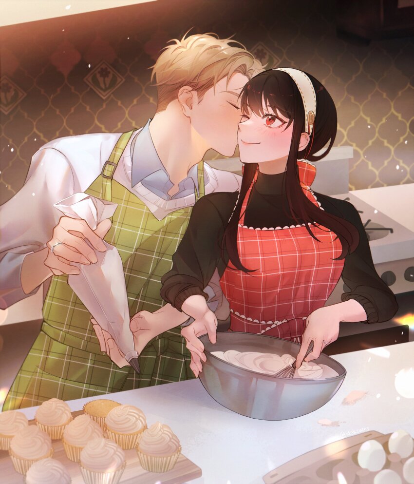 1boy, 1girl, absurdres, apron, black_hair, blonde_hair, blush, bowl, breasts, cooking, cooking_pot, couple, earrings, food, gold_earrings, hairband, hetero, highres, husband_and_wife, ideksams, jewelry, kiss, kissing_cheek, kitchen, ladle, large_breasts, long_hair, long_sleeves, mixing_bowl, red_eyes, shirt, short_hair, sidelocks, smile, spy_x_family, stove, twilight_(spy_x_family), wok, yor_briar
