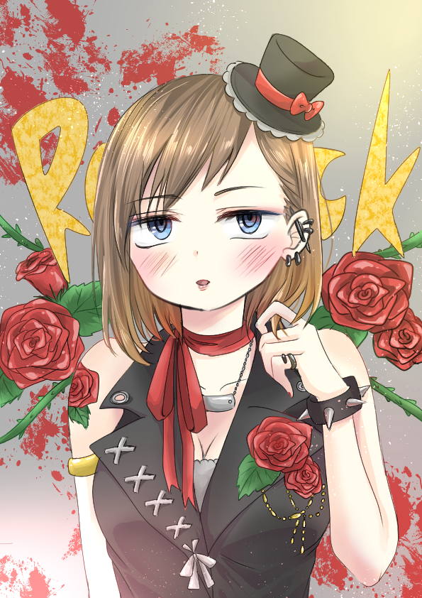 1girl, 3-nyan, barbell_piercing, bare_shoulders, black_hat, black_jacket, blue_eyes, blush, boku_no_kokoro_no_yabai_yatsu, bracelet, breasts, brown_hair, cleavage, ear_piercing, earrings, flower, hat, ichikawa_kana, industrial_piercing, jacket, jewelry, large_breasts, looking_at_viewer, multiple_earrings, neck_ribbon, necklace, parted_lips, piercing, red_flower, red_ribbon, red_rose, ribbon, ring, ringed_eyes, rose, short_hair, sleeveless, sleeveless_jacket, solo, spiked_bracelet, spikes, upper_body