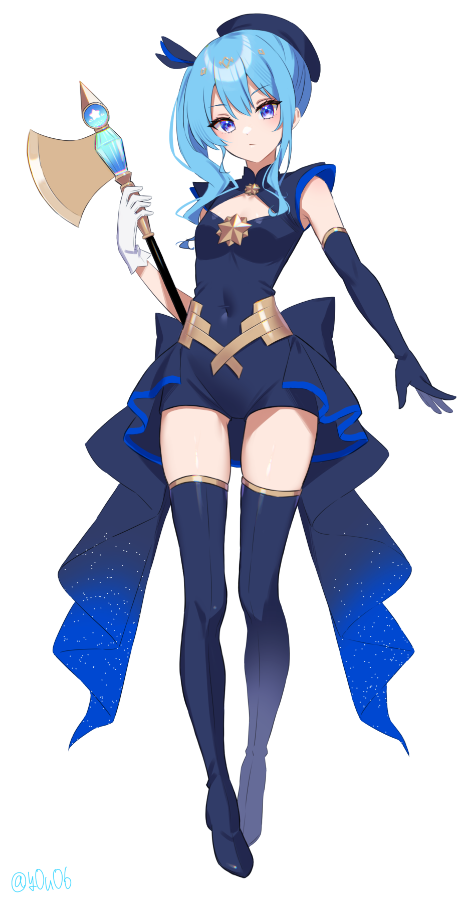 1girl, alternate_costume, asymmetrical_gloves, asymmetrical_sidelocks, axe, back_bow, beret, black_boots