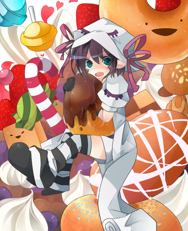 1girl, arufa, black_gloves, cake, candy, donut, female_focus, food