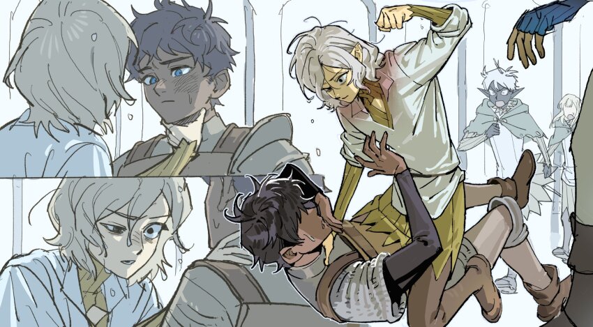 2boys, 2girls, armor, black_hair, black_shirt, blonde_hair, blue_eyes, boots