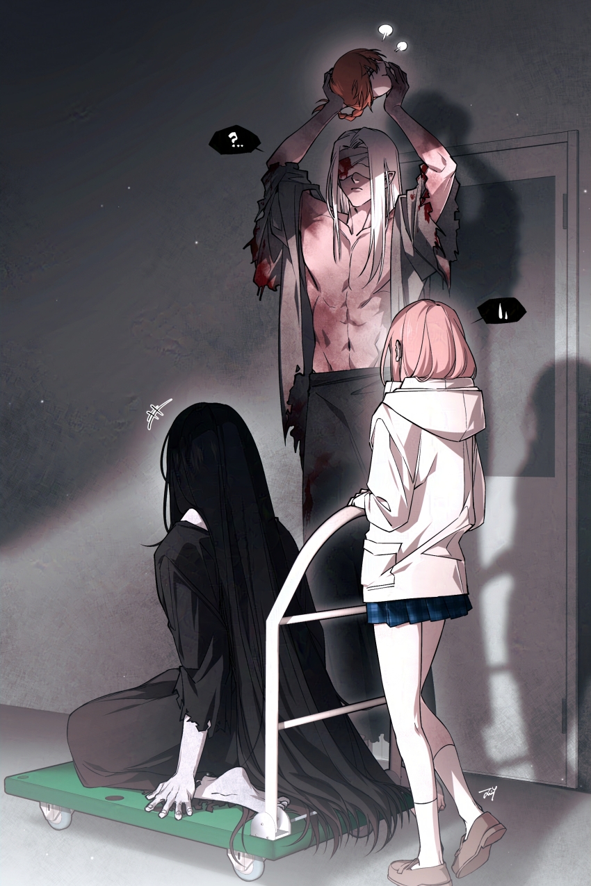 +++, 1girl, 3boys, absurdres, arms_up, bandages, bandages_over_eyes, bbabbamis2