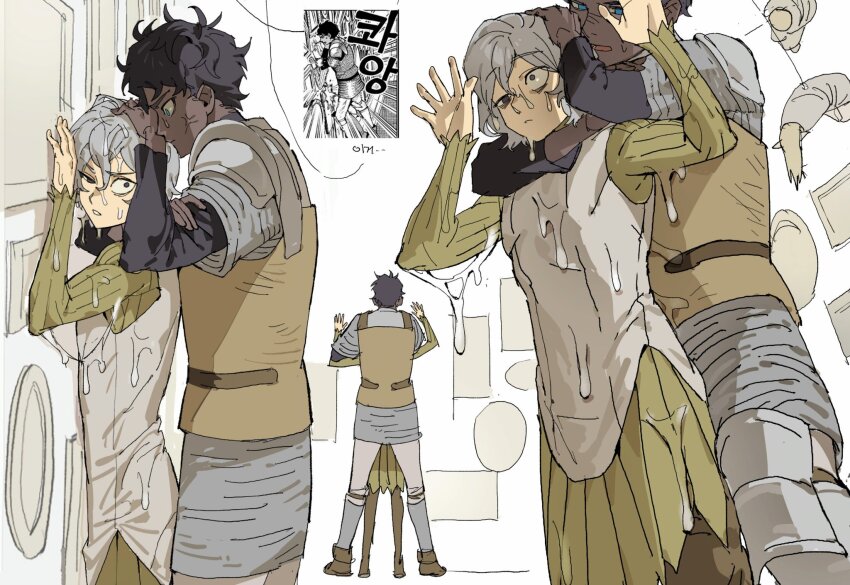 2boys, against_wall, androgynous, anger_vein, armor, black_hair, black_shirt, blue_eyes, chainmail, comic_panel_inset, commentary, curly_hair, dark-skinned_male, dark_skin, dungeon_meshi, elf, empty_eyes, green_tunic, highres, kabru, knee_pads, korean_commentary, korean_text, kui_ryouko, lazy_eye, liquid, medium_hair, mithrun, mon_g_11, multiple_boys, pauldrons, pointy_ears, restrained, shirt, short_hair, shoulder_armor, sleeveless, sleeveless_shirt, sweat, tunic, wet, white_background, white_hair, white_shirt