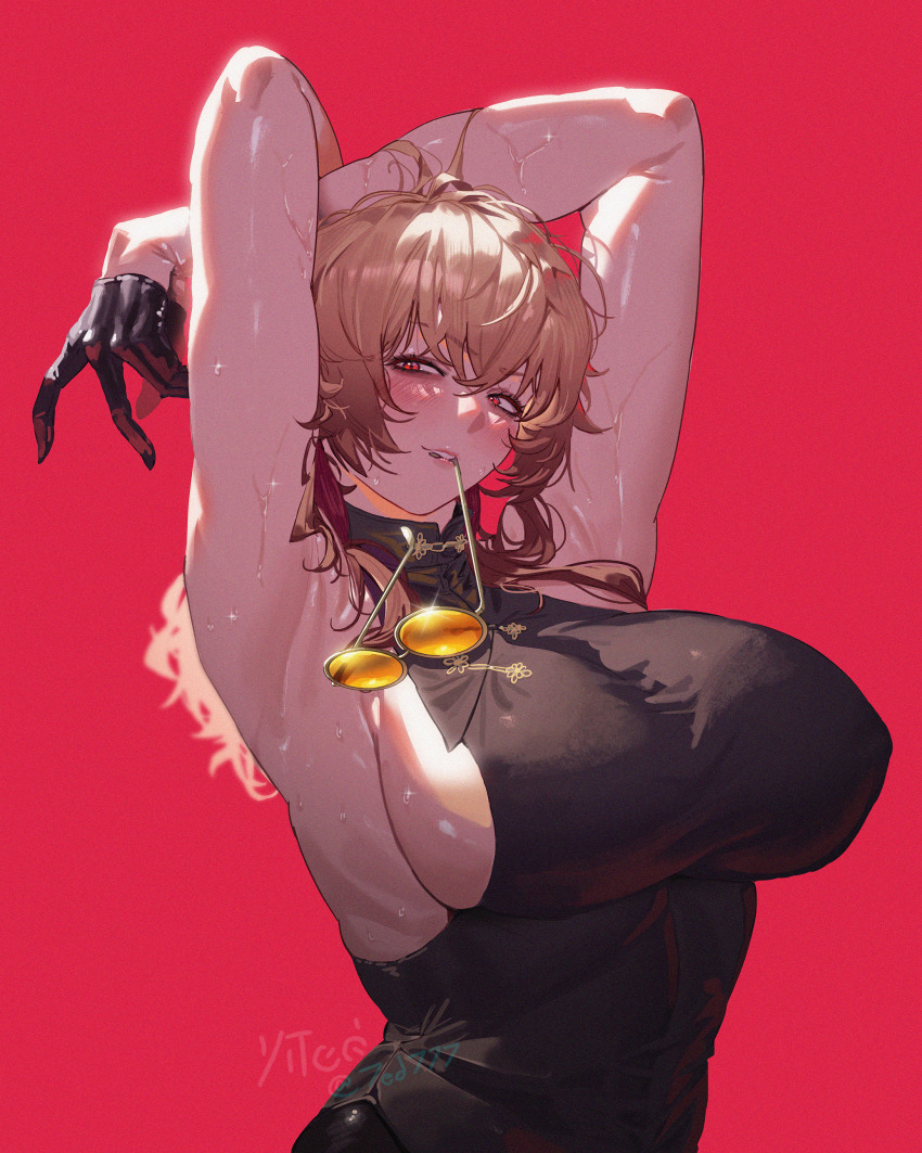 1girl, absurdres, armpits, black_gloves, blonde_hair, blush, borrowed_character, breasts