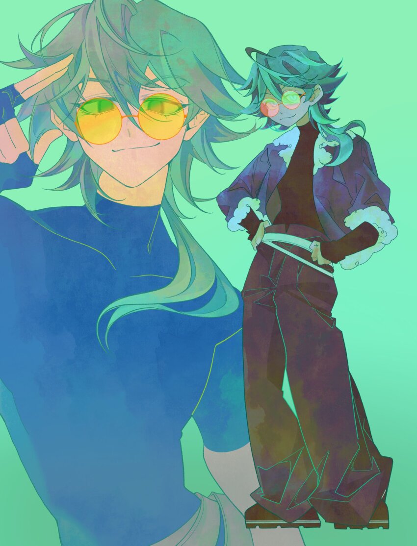 1boy, :3, belt, black_footwear, black_gloves, black_pants, black_shirt, blue_jacket