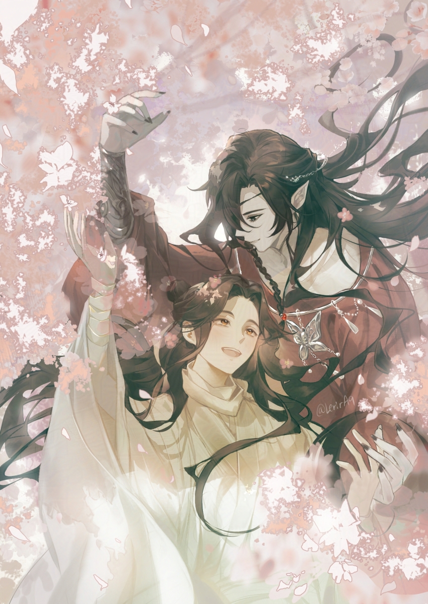 2boys, bandaged_arm, bandages, black_eyes, black_hair, black_nails, blush, bracer