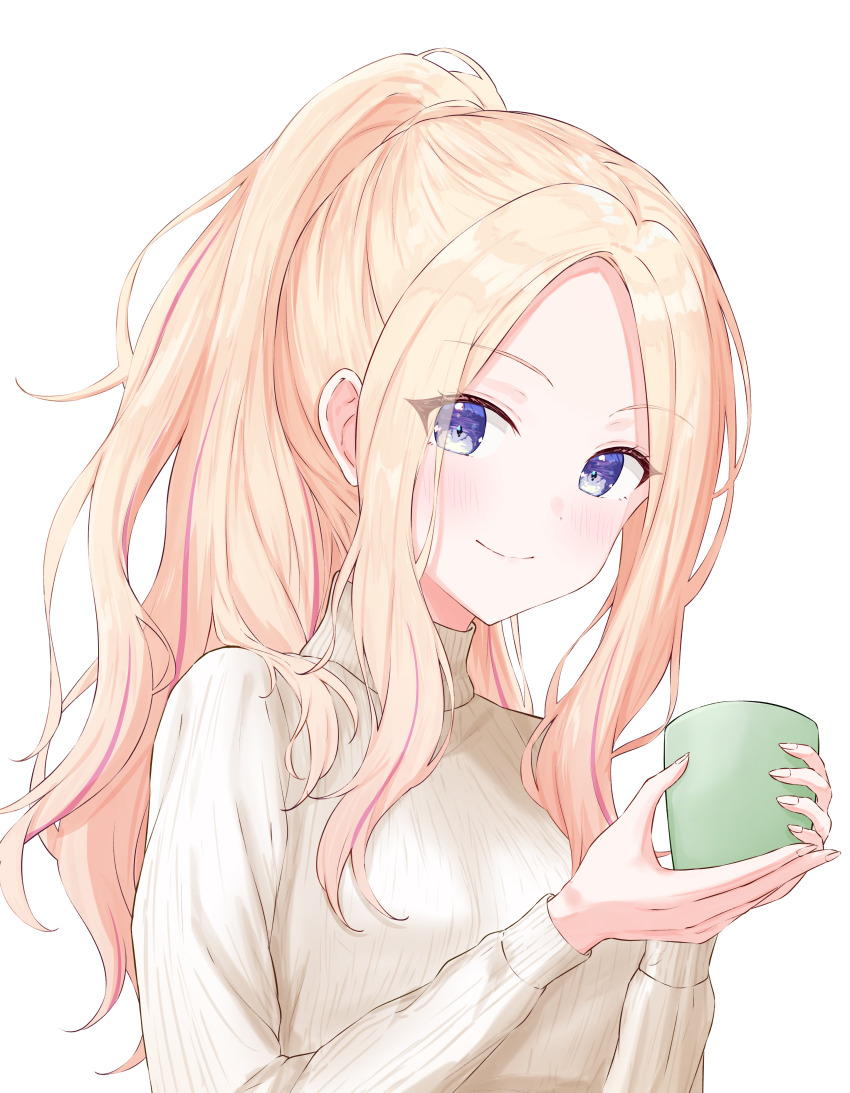 1girl, absurdres, blonde_hair, blush, commentary, cup, curtained_hair, forehead, gakuen_idolmaster, highres, holding, holding_cup, idolmaster, juo_sena, kawato_rei, long_hair, long_sleeves, looking_at_viewer, multicolored_hair, pink_hair, ponytail, purple_eyes, sidelocks, simple_background, smile, solo, streaked_hair, sweater, two-tone_hair, upper_body, very_long_hair, white_background, yellow_sweater