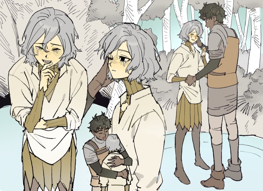 2boys, :d, armor, black_hair, black_shirt, blush, boots, brown_footwear