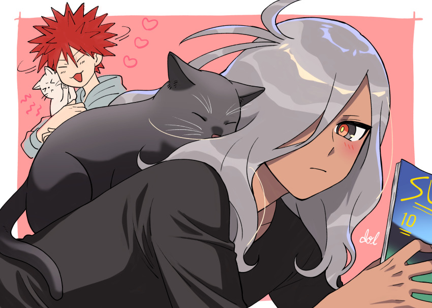 2boys, black_cat, black_eyes, black_shirt, border, cat, cat_on_person, closed_eyes