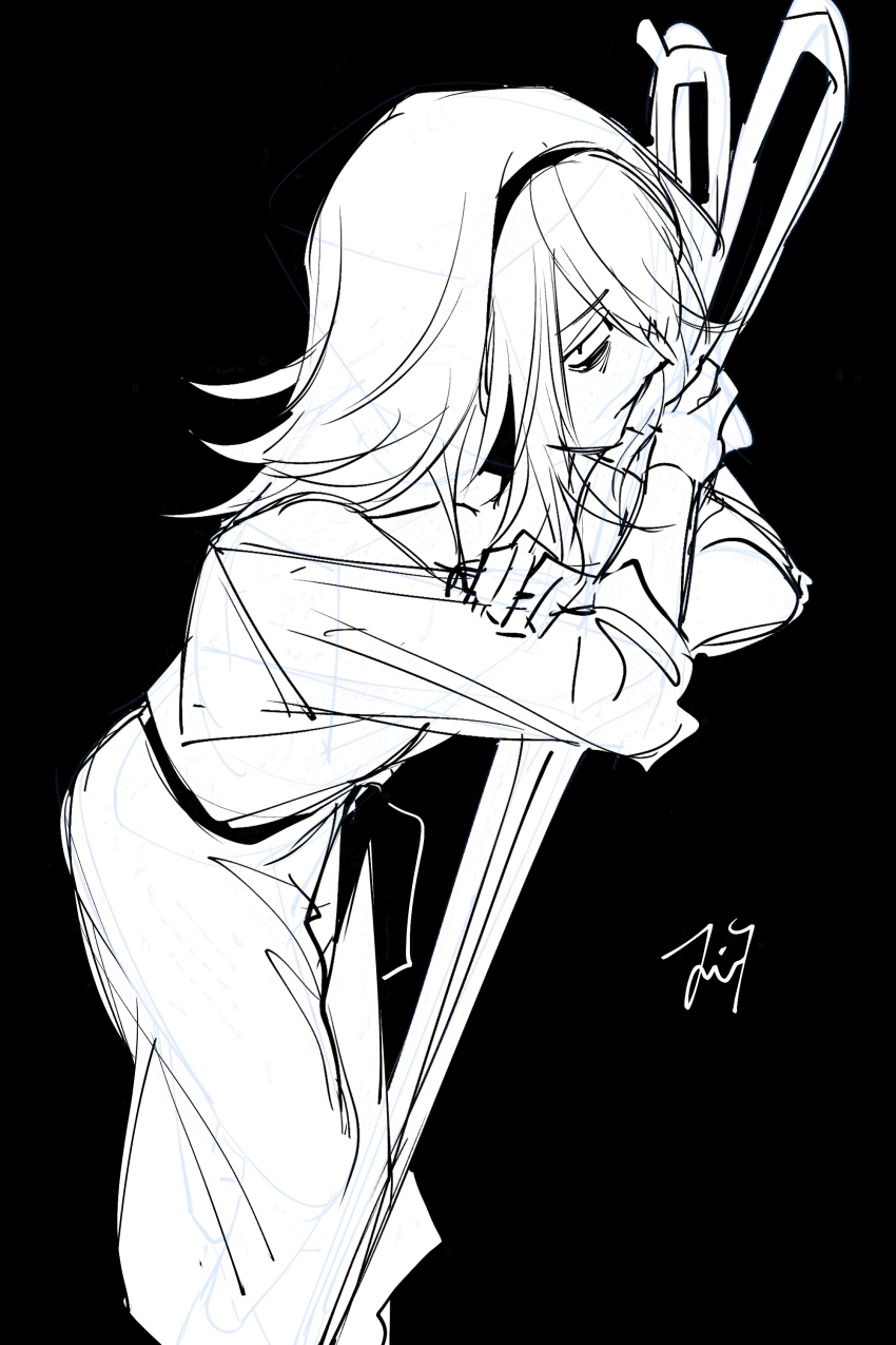 1girl, absurdres, bbabbamis2, black_background, commentary_request, crossed_arms, feet_out_of_frame, hairband