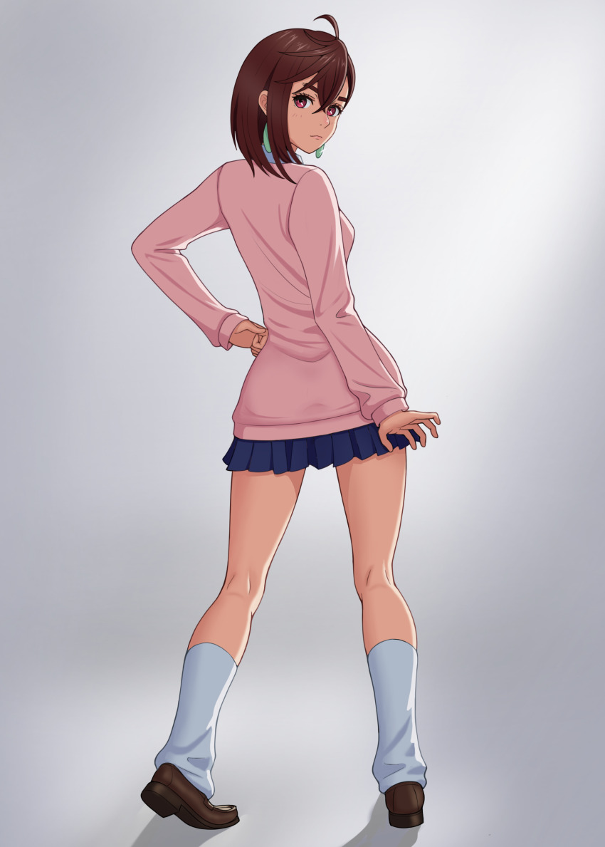 1girl, absurdres, ayase_momo, blue_skirt, breasts, brown_hair, brown_shoes, closed_mouth