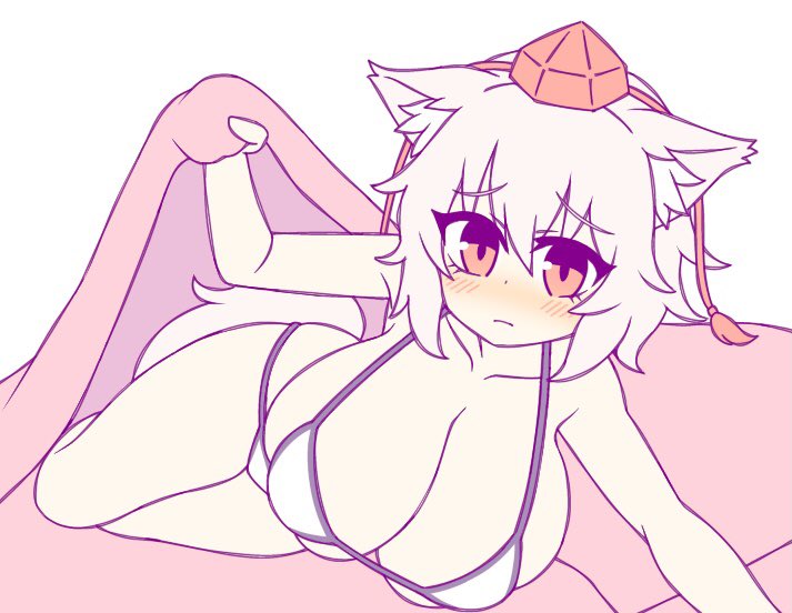 1girl, animal_ear_fluff, animal_ears, bed_invitation, bikini, blush, breasts, cleavage