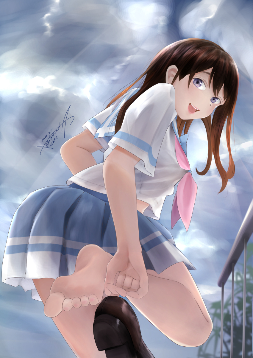 1girl, absurdres, artist_name, bad_id, blush, brown_hair, cloud, cloudy_sky, dated, feet, female_focus, hibike!_euphonium, highres, inoue_junna, kitauji_high_school_uniform, lips, long_hair, looking_at_viewer, open_mouth, purple_eyes, sailor_collar, shoes, signature, skirt, sky, smile, solo, teeth, toes, unworn_shoes, yashimahot