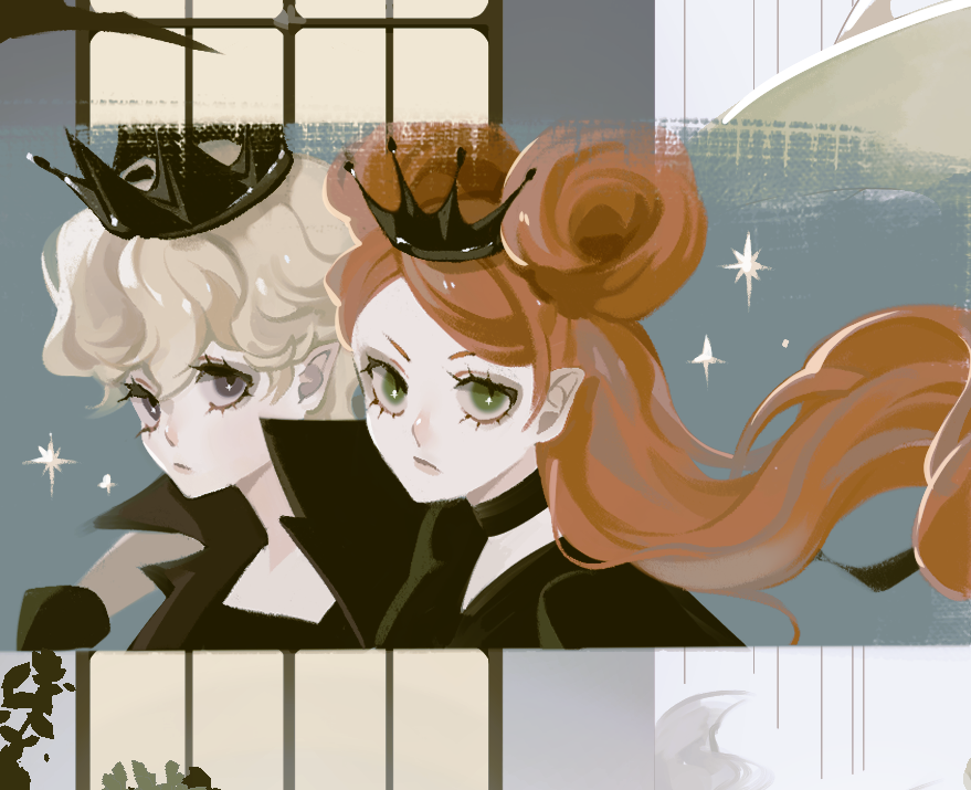 2girls, black_cape, blonde_hair, cape, chocolat_meilleure, choker, closed_mouth, commentary_request, crown, double_bun, eyelashes, floating_hair, green_eyes, hair_between_eyes, hair_bun, high_collar, korean_commentary, leirbs2s2, long_hair, looking_at_viewer, magical_girl, multiple_girls, orange_hair, purple_eyes, short_hair, sparkle, sugar_sugar_rune, upper_body, vanilla_mieux