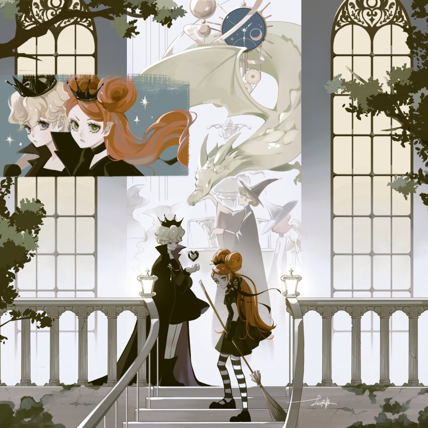 2girls, black_cape, black_dress, black_gloves, blonde_hair, broom, cape, chocolat_meilleure