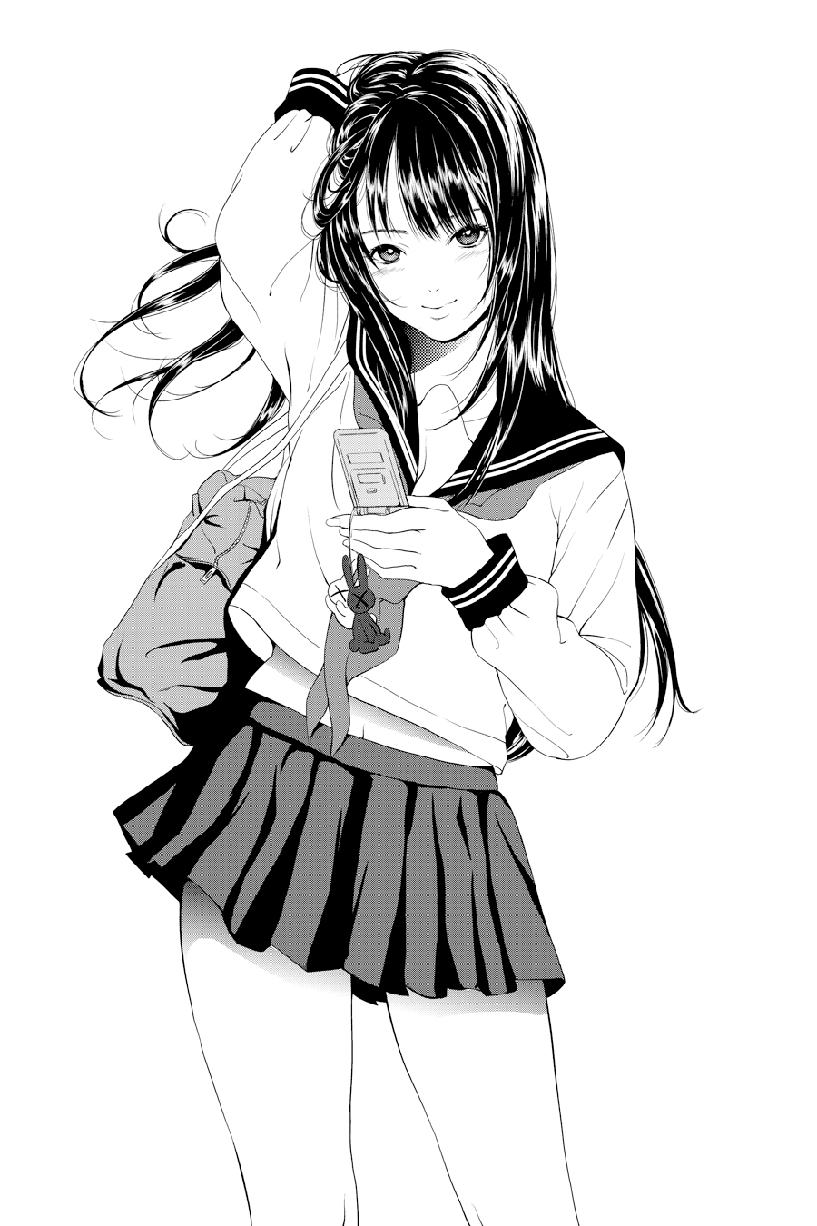 1girl, arm_up, bad_id, bad_pixiv_id, bag, black_hair, blush, cellphone